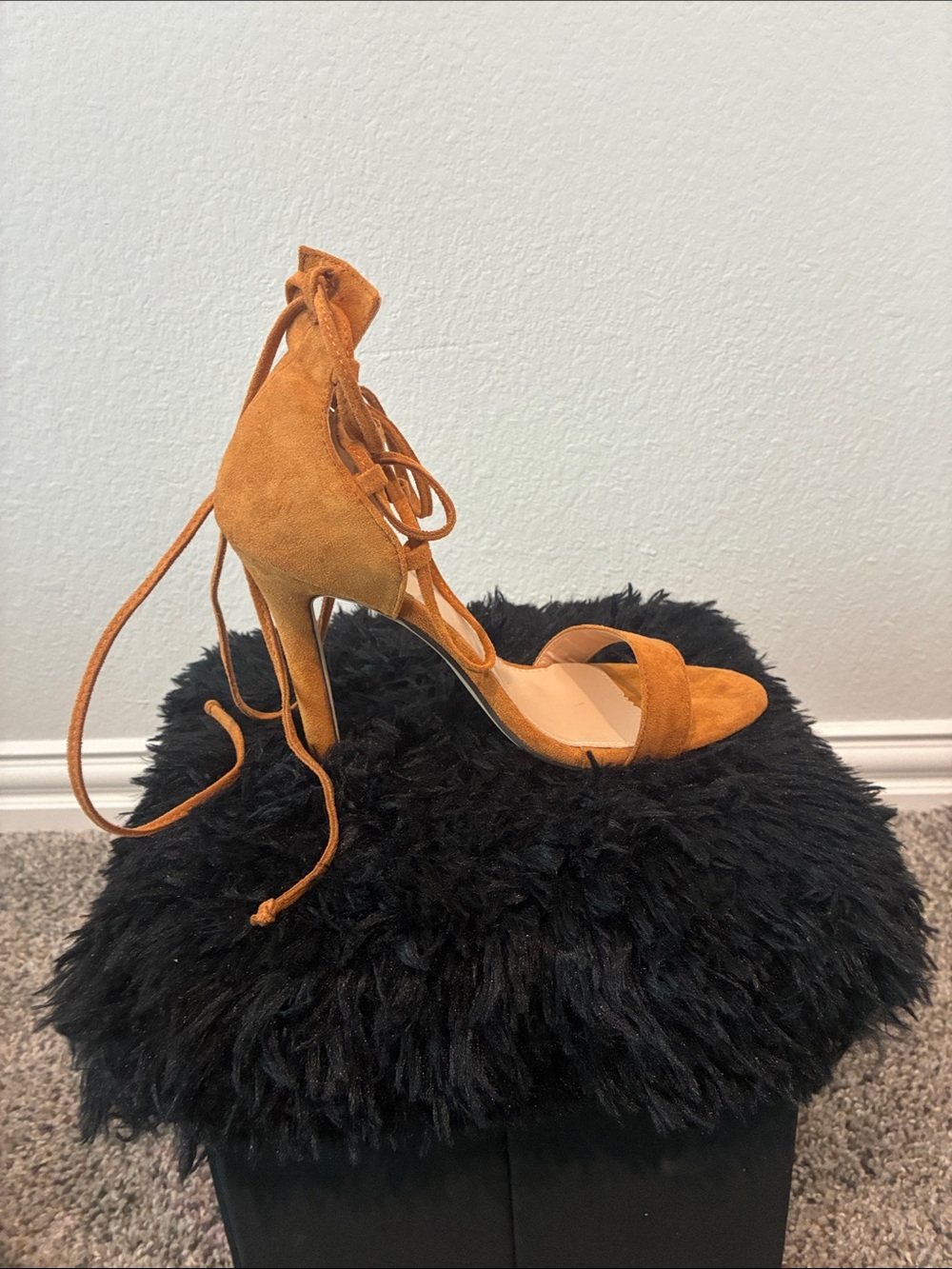 Suede Lace-Up High Heel Sandals in Rust